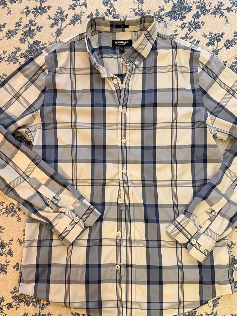 Express Men’s Navy and White Plaid Button-Down Shirt
